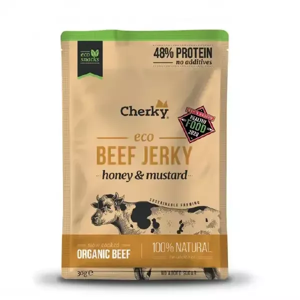 Snack de beef jerky ECO sabor miel y mostaza